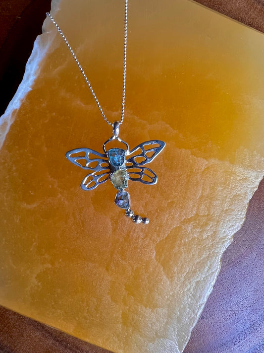 Rough Gemstone Dragonfly Necklace