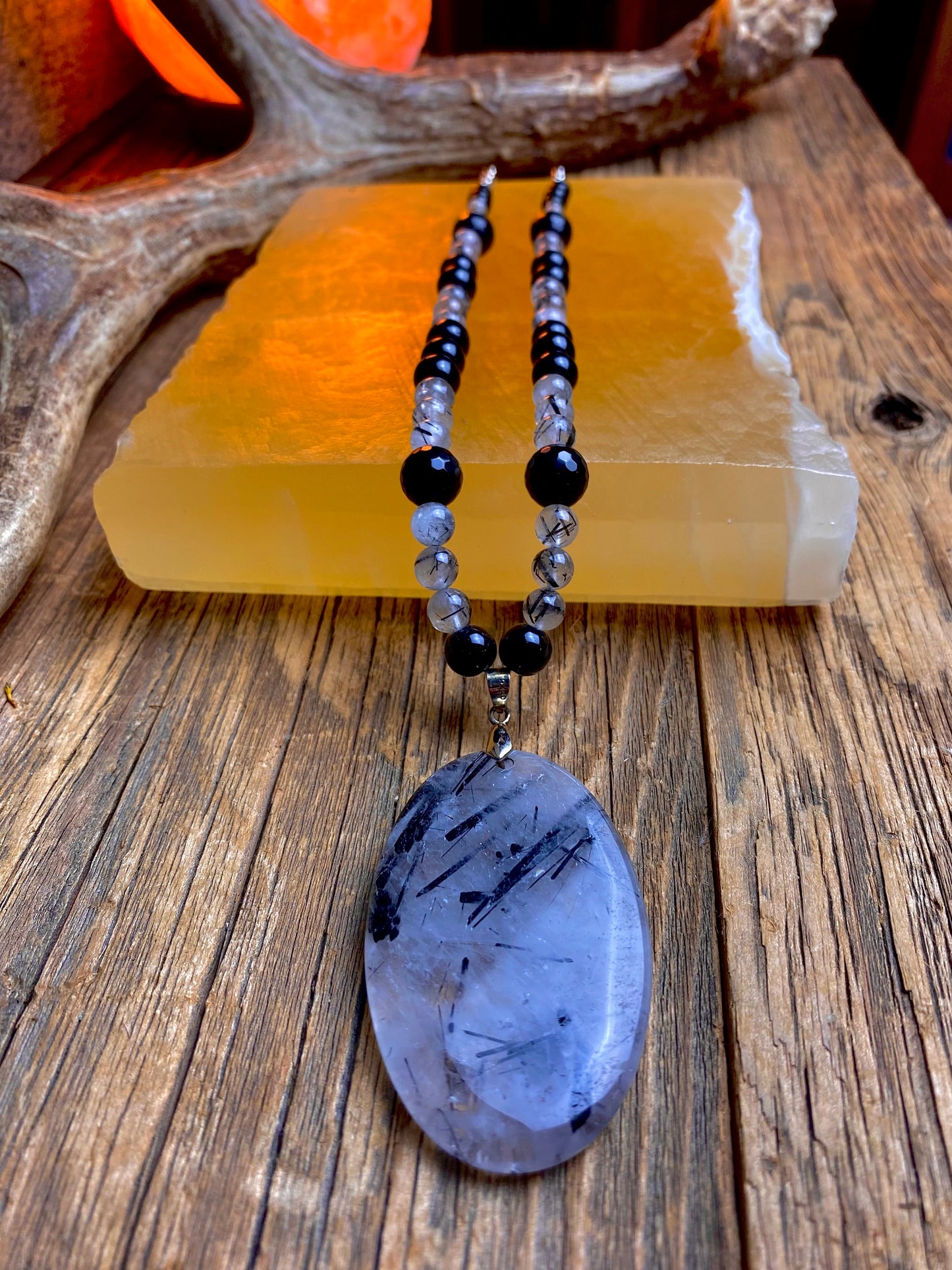 Tourmilated Quartz & Black Onyx Bead Necklace