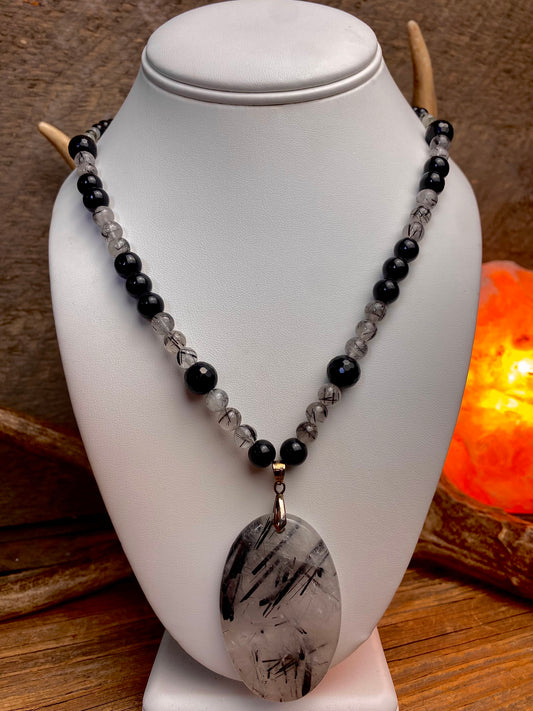 Tourmilated Quartz & Black Onyx Bead Necklace